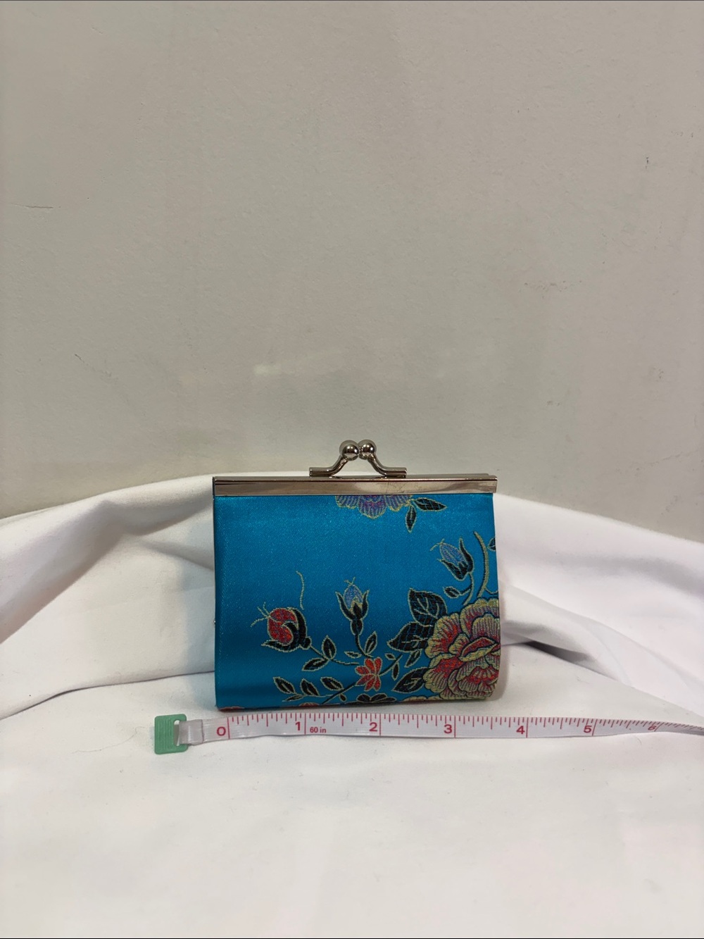 Blue Floral Brocade Asian Silk or Satin Metal Kiss Lock Coin Purse Mini Clutch